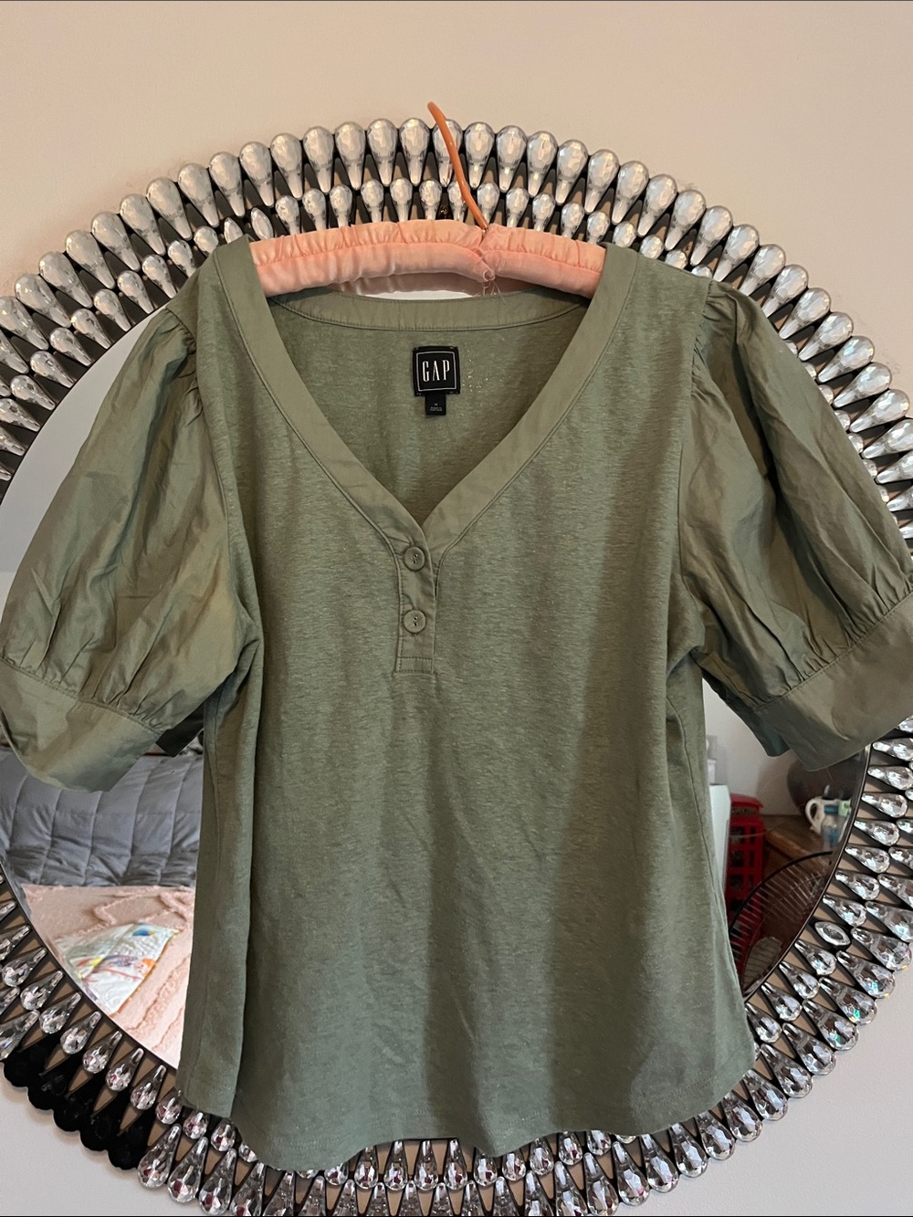 GAP Olive Green V-Neck Puff Sleeve Top